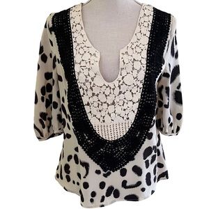 Leyendecker Black and Cream Print Lace Trimmed Silk Blouse 4